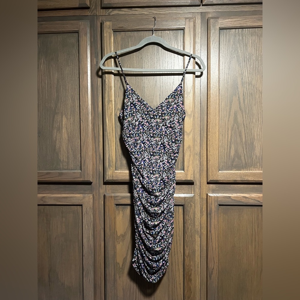 BP Sleeveless Ruched Mesh Dress Black Blue Maisey Ditsy Floral